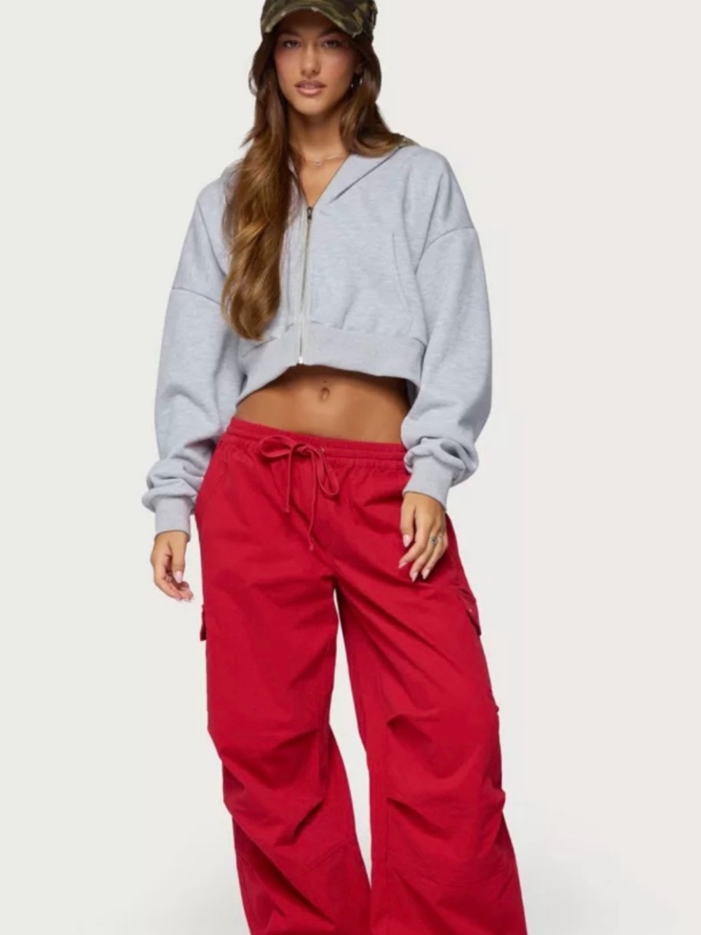Edikted Red Wide-Leg Drawstring Cargo Pants